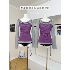 批发牙套大汪紫霞仙子<b class='q'>秋</b>冬灰拼紫长袖t恤女修身假两件毛织打底衫