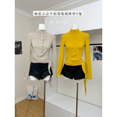 批发宁司 半高领堆褶绑带正肩长袖T恤女<b class='q'>秋</b>季韩系小众设计感修身打底衫