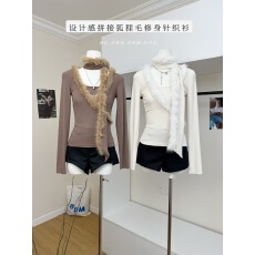 批发VIAPITTI设计感拼接狐狸毛修身针织衫女装秋冬毛毛围巾两件套