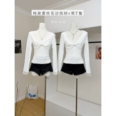 批发冬季纯欲风设计感辣妹蕾丝花边扭结v领显瘦短款打底上衣<b class='q'>女长袖</b>T恤