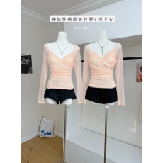 批发WW原创 褶皱法式设计感修身气质长袖收腰显瘦V领辣妹风性感上衣女