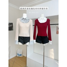 批发迟伞伞25/fw 松间花火 假两件条纹撞色<b class='q'>衬衫</b>拼接针织上衣两色入