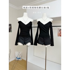 批发sheepland淡颜基调<b class='q'>v领</b>褶皱收腰长袖<b class='q'>t</b><b class='q'>恤</b>女冬显瘦加绒内搭打底上衣