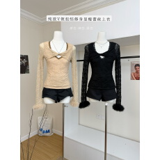 批发杜总家 暗香维也纳*原创蕾丝拼接V领简约长袖时髦百搭舒适女上衣