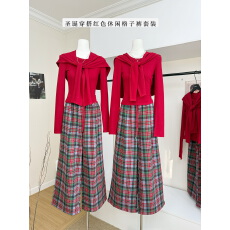 批发圣诞穿搭红色披肩长袖修身针织衫女冬季休闲套<b class='q'>装</b>格子阔腿<b class='q'>裤</b><b class='q'>三件套</b>