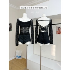 批发Fart Shop暗黑浪漫 深V露肩黑色蕾丝T恤女收腰<b class='q'>镂空</b>带胸垫内搭