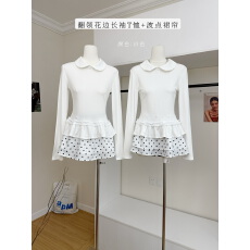 批发H1952 叠穿的Tips百搭上衣翻领花边长袖<b class='q'>T</b>恤内搭打底衫波点裙帘女