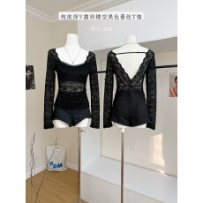 批发Fart Shop暗黑浪漫 深V露肩黑色蕾丝T恤女收腰<b class='q'>镂空</b>带胸垫内搭