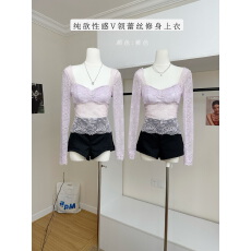 批发JustQin 12/23【雾蕾悸动】新冬装性感打底蕾丝上衣V领长袖T恤女