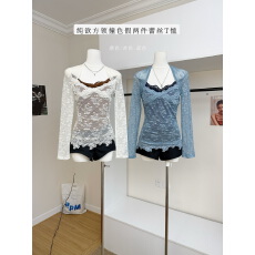 批发NanaByNana曼达庄园撞色假两件蕾丝打底衫女纯欲方领<b class='q'>长袖</b>T恤