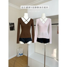 批发LaaReeToo    天丝羊毛深V挂脖打底衫女秋冬季设计感长袖T恤上衣