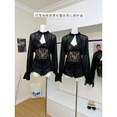 批发kubiliv钓系柔媚性感薄纱灯笼袖披肩罩衫蕾丝背心<b class='q'>吊带</b>两件套