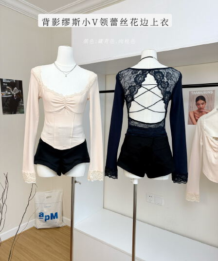 jayky yang 뒤로보기 뮤즈 작은 V넥 레이스 레이스 기본 셔츠 펌프 Pleat 디자인 센스 다용도 맨위