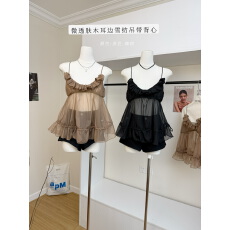 批发番茄侠 美辣假期 微透肤木耳边咖棕/黑可调节肩带<b class='q'>雪纺</b><b class='q'>吊带</b>背心女