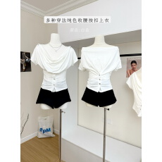 批发ins博主同款南法海岛度假风多种穿法纯色气质弹力收腰按扣上衣T恤