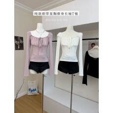 批发eihey诶嘿新款温柔氛围感蝴蝶结绑带褶皱<b class='q'>休闲</b>长袖上衣甜美T恤内搭