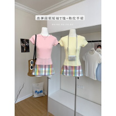 批发施薇靓 曲线解密Tee 早春上衣女天丝羊毛高弹圆领短袖T恤/V领背心