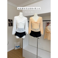 批发板栗可可Bankelili'香氛蕾丝'纯欲羊毛蕾丝花边扭结v领长袖打底女