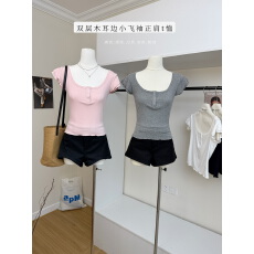 批发来财小马 <b class='q'>小</b>飞袖 双层木耳边<b class='q'>小</b>飞袖天丝羊毛正肩t恤修身百搭上衣