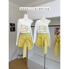 批发曾小咸 韩系白色t恤女长袖薄款斜肩上衣早春黄色<b class='q'>格子</b>绑带半身裙夏