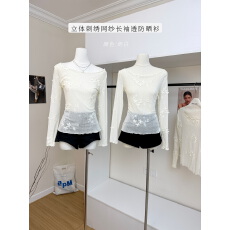 批发1只衮1Z1ZGUN 飞花梦境立体刺绣<b class='q'>网纱</b>长袖t恤清透防晒衫+碎花半<b class='q'>裙</b>
