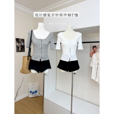 批发Tongiiu 智系少女 复古针织<b class='q'>中袖</b>T恤女设计感气质修身显瘦上衣夏