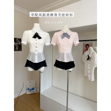批发JMSHOP 奈川纱 学院风甜美100％天丝<b class='q'>衬衫</b>女花苞短<b class='q'>裤</b>灯笼<b class='q'>裤</b>两件套