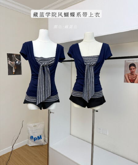 대 말더듬기 다우 시시 빛 틈 블루 레트로 학원 스타일 나비 레이스업 맨위 여름 허리 측면 펌프 Pleat 티셔츠