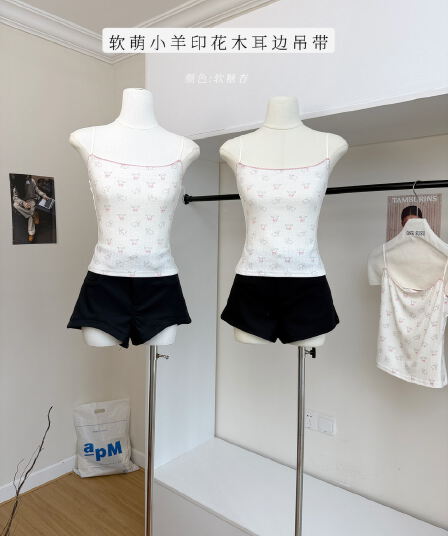 lukira 한 자매 느슨함 부서 부드러운 멩 어린 양 프린트 프릴 티셔츠 슬립 여성 여름 몸매 가꾸기 맨위