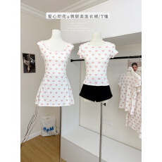 批发早安樊樊with love爱心印花u领<b class='q'>甜美</b>连衣裙+正肩蕾丝短袖T恤