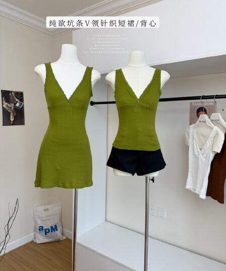 jmshop miu 부서 교과서 자카드 구덩이 기사 V넥 니트 미니 스커트 여성 순수한 욕망 섹시함 레이스 캐미솔