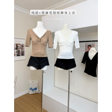 批发李婉君【麻花T】90天丝纯欲v领<b class='q'>中袖</b>女天丝麻花扭结“显胸大”上衣