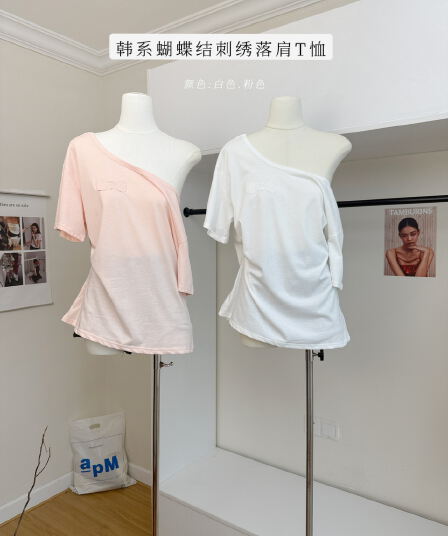 화이트 워터 여성 소녀 나비 매듭 보트넥 순면 가을 어깨 티셔츠 여성 여름 루즈핏 한 부서 나비 자수 맨위