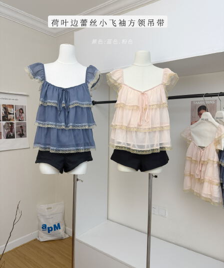 skk store 레이스 삼중주 호흡 센스 프릴 레이스 계층의 감각 작은 날다 소매 맨위 광장 칼라 슬립