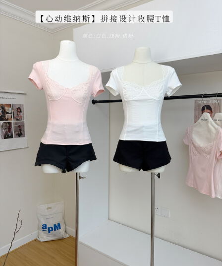 callmeear 하트 비트 금성 패치워크 디자인 허리 수축 슬림해 보이는 반팔 티셔츠 여성 여름 맨위