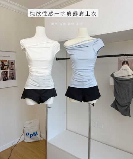 05 26 jmshop 심장 마비 커브 비스듬한 어깨 칼라 깨진 Pleat 허리 수축 트임 반팔 티셔츠 여름 몸매 가꾸기 다용도