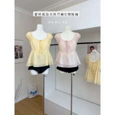 批发塞西莉亚浪漫蕾丝花边天丝苎麻小上衣<b class='q'>女</b>装U领短袖
