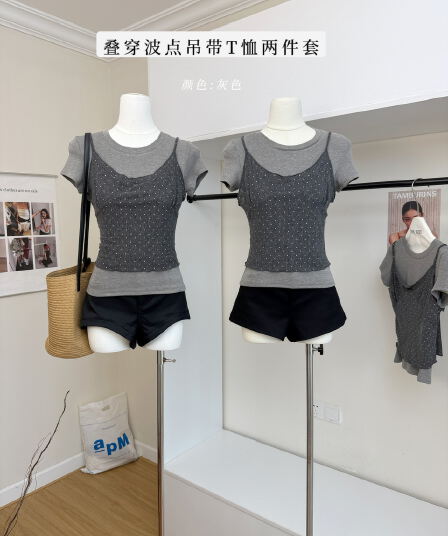 sunry online 스택 착용 도트 무늬 슬립 긍정적 인 어깨 티셔츠 디자인 센스 세련된 외국 가스 꽃밭 펌프 로프 반바지