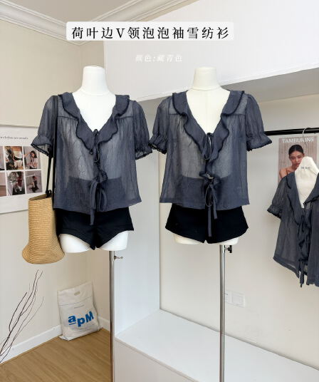 닝 부문 해군 프릴 V넥 거품 소매 시폰 셔츠 여성 여름 한 부서 몸매 가꾸기 슬림해 보이는 얇은 스타일 오픈 가디건