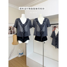批发宁司 藏青色荷叶边V领泡泡袖<b class='q'>雪纺</b>衫女夏季韩系修身显瘦薄款开衫