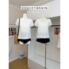 批发Goo Goo Eyes 甜美白色泡泡袖天丝苎麻短袖T恤女<b class='q'>夏</b>减龄娃娃衫上衣