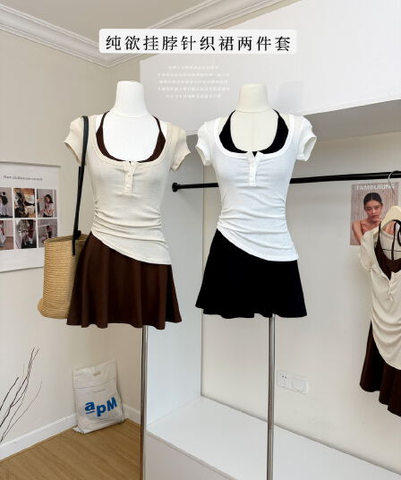 jmshop 프라임 프라임 아름다움 센스 주간 실크 양모 대 u 칼라 비스듬한 진자 티셔츠 순수한 욕망 행침 목 니트 원피스 투피스 세트