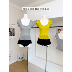 批发天丝羊毛<b class='q'>短袖</b><b class='q'>T</b><b class='q'>恤</b><b class='q'>女</b>U领波浪边上衣