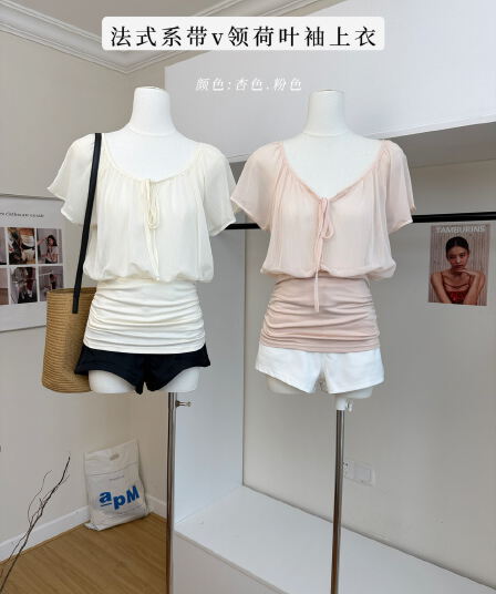 우 77 얕은 살구 색상 페이크 레이어드 패치워크 레이스업 V넥 연꽃 잎 소매 여성 셔츠 여름 허리 수축 슬림해 보이는 품격 맨위