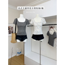 批发六指导 顽皮小狗 美式<b class='q'>卡通</b>印花方领短袖<b class='q'>t</b><b class='q'>恤</b>修身正肩休闲显瘦上衣