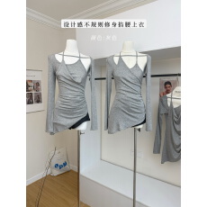 批发张元英同款不规则设计感灰色<b class='q'>长袖</b><b class='q'>T</b><b class='q'>恤</b>女夏修身显瘦防晒衫掐腰上衣