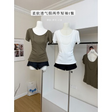 批发HelloooEat 莱赛尔棉<b class='q'>亚麻</b>混纺 两色/柔软透气假两件短袖t恤上衣