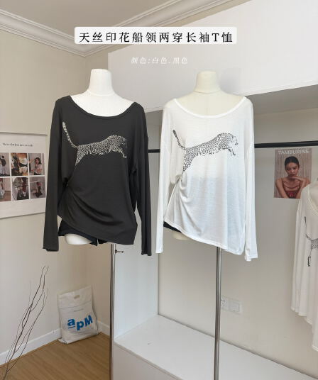 yolo shop 와 성별 사냥꾼 주간 실크 인쇄 花船 칼라 둘 착용 긴팔 니트 티셔츠 여성 여름 다용도 반팔