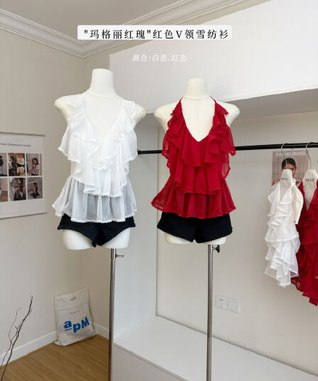yoli 장 宥 이익 마그 리 빨간색 장미 빨간색 V넥 시폰 셔츠 여성 여름 레트로 항구 바람 다용도 슬림해 보이는 맨위