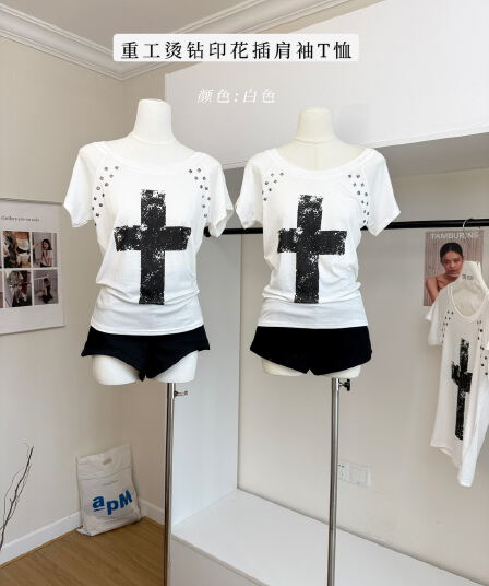 yolo shop 십자가 게이머 무거운 작업 핫픽스 인쇄 플라워 인서트 어깨 소매 티셔츠 여성 여름 라운드 넥 반팔 맨위